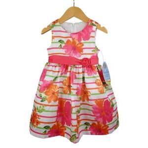American Princess Girls Floral Striped Party Dress Size 2T White Pink Bow Formal